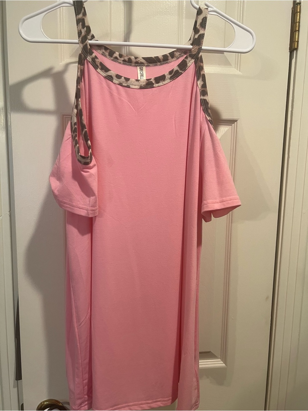 Pink Cold-Shoulder Dress with Leopard Trim